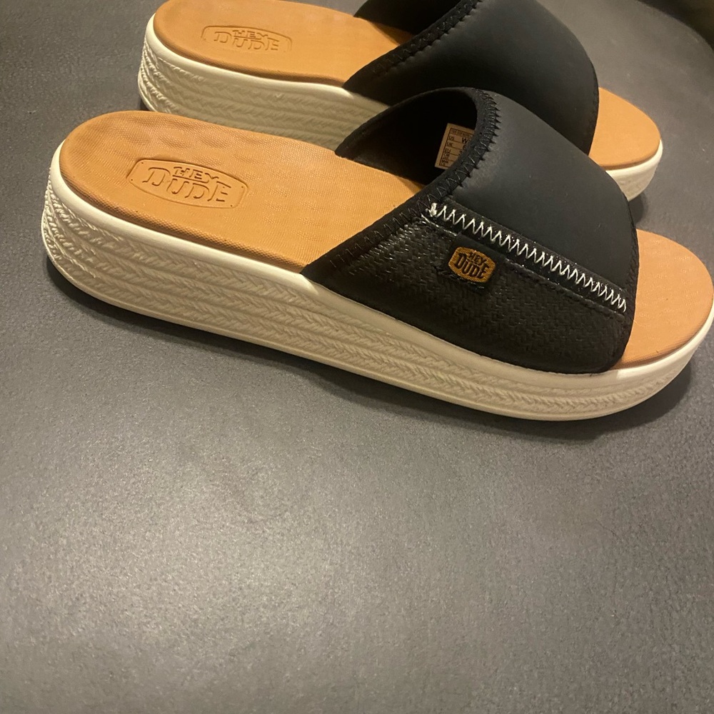 Hey Dude Women's Black and Tan Slide Sandals